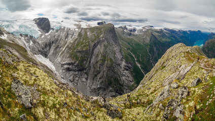 Views of peaks and glacier from Kattanakken, Jostedalsbreen National Park, Norway.