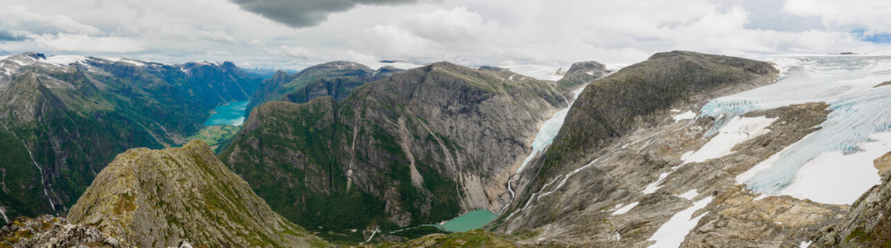 Briksdalbreen glacier lagoon from Kattanakken, Jostedalsbreen National Park, Norway.