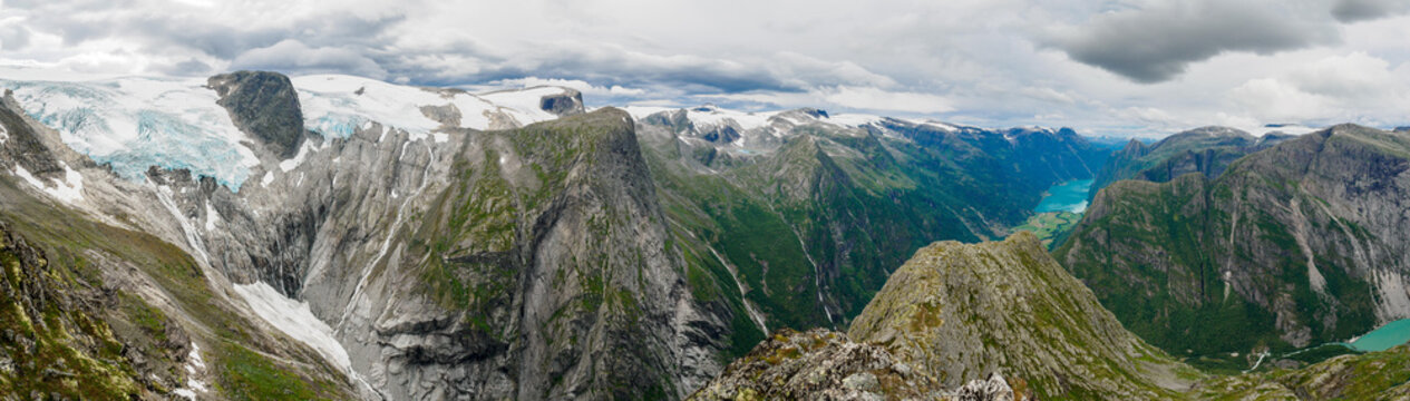 Briksdalbreen glacier lagoon from Kattanakken, Jostedalsbreen National Park, Norway.