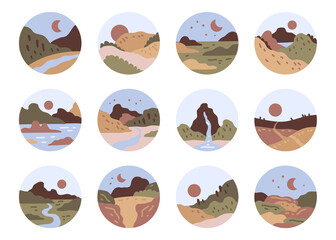 Abstract landscape view icon set. Mountains, river, sea view. Hills, sun, Moon. Scandinavian style landscapes. Big set of hand drawn contemporary illustrations. Wallpaper Templates for stories