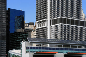 Various architecture of Office Building in New York Manhattan downtown, near Battery Park. Each skycraper has different types of facade and windows. New York, USA.