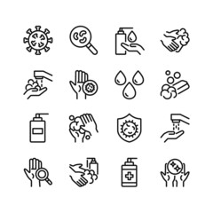 Fototapeta premium Hand washing line icons. Set of outline symbols, simple graphic elements, modern linear style black pictograms collection. Washing hands, hygiene, handwashing concepts. Vector line icons set