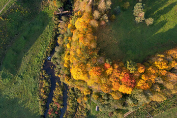 Beautiful colors of autumn. Forest photographed with a drone on sunny day. Regional park of neris in Lithuania. Dukstai educational trail. Real is beautiful  