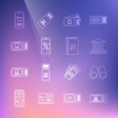 Set line Museum ticket, Binoculars, building, Bus, Online translator, hotel booking and Cover travel guide icon. Vector