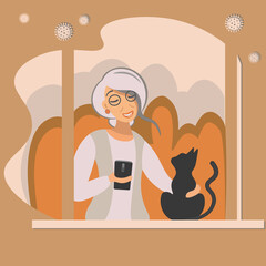 An elderly woman at home with a phone by the window stroking a cat. Grandmother talking to grandchildren on mobile. Vector cartoon flat. Golden autumn. Orange tones. Scene from life, postcard, poster.