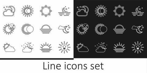 Set line Sunset, Cloud with moon and stars, Eclipse of the sun, and icon. Vector