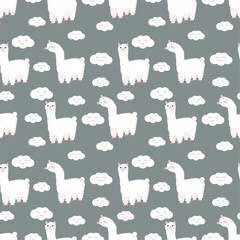 Seamless pattern with funny llama and clouds on a gray background. Vector illustration suitable for baby texture, textile, fabric, poster, greeting card, decor. Cute alpaca from Peru.