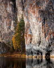 Chusovaya River with rocky shores in autumn, Ural, Russia