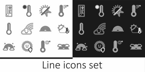 Set line Rainbow with clouds, Thermometer and cloud, sun, Sun snowflake, Meteorology thermometer, and icon. Vector