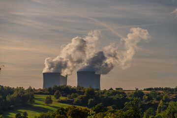 Nuclear power plant near Temelin village in autumn color evening