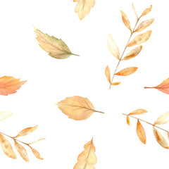 Watercolor autumn seamless pattern with hand painted cozy symbols of fall season.