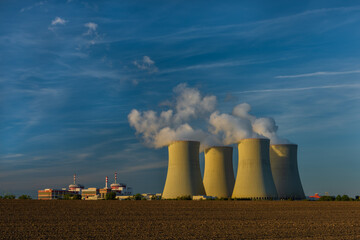 Nuclear power plant near Temelin village in autumn color evening