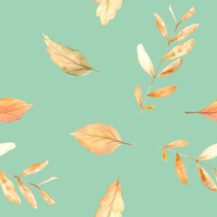 Watercolor autumn seamless pattern with hand painted cozy symbols of fall season.