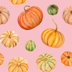 Watercolor pumpkins fall seamless pattern. It is perfect for thanksgiving cards or posters