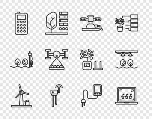 Set line Wind turbine, Smart farming technology, Automatic irrigation sprinklers, Router and wi-fi signal, Remote control, with drone, Sensor and bulb plant icon. Vector