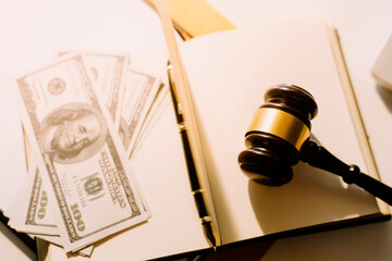 justice and law concept.Male judge in a courtroom on wooden table and Counselor or Male lawyer...