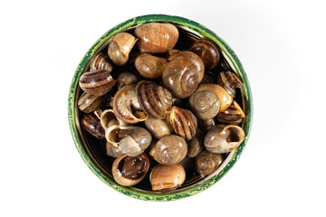 moroccan snails on white background. snails food, moroccan snails food, traditional snail, snails