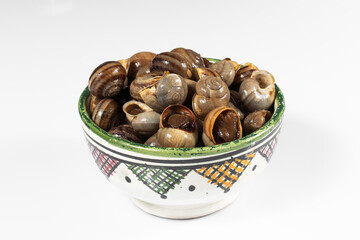 moroccan snails on white background. snails food, moroccan snails food, traditional snail, snails