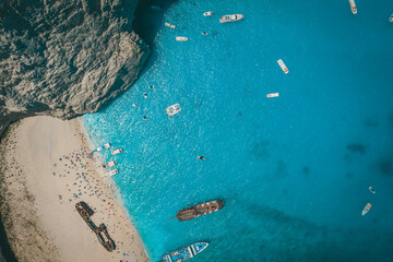Aerial Drone Shot of the famous Shipwreck Bay in Zakynthos, Greece