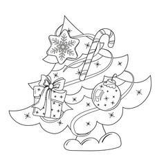 Christmas tree with a gift and sweets.Coloring book.