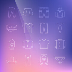 Set line Men underpants, T-shirt, Tie, Short or, Polo, Clutch bag, Sport and Pants icon. Vector