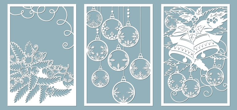 Ornamental panels christmas tree with christmas toys. Laser cut decorative lace borders patterns. Set of bookmarks templates. Image suitable for laser cutting, plotter cutting or printing. serigraphy