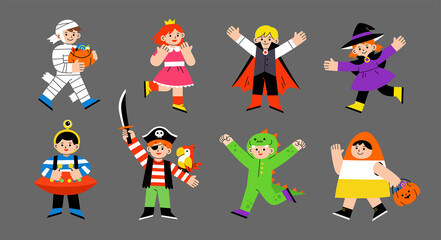 Happy kids in Halloween costume for Trick or Treat on white background. Happy Halloween Concept.