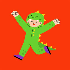 Little boy in Dinosaur costume with pumpkin basket for Trick or Treat on white background. Happy Halloween Concept.