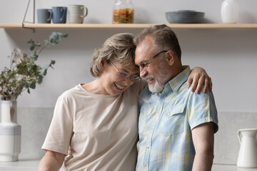 Happy middle aged woman cuddling elderly senior husband, having fun communicating in modern kitchen. Joyful sincere retired family couple showing love and care indoors, good relations concept.