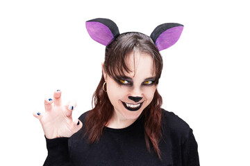 Hyena cosplay girl, isolated on white background portrait. Animal make-up. Cartoon character.