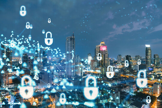 Glowing Padlock hologram, night panoramic city view of Bangkok, Southeast Asia. The concept of cyber security to protect companies. Double exposure. - Powered by Adobe
