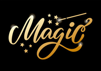 Vector illustration of magic isolated lettering for banner, advertisement, catalog, leaflet, poster, signage, product design. Handwritten creative font for digital use or print
