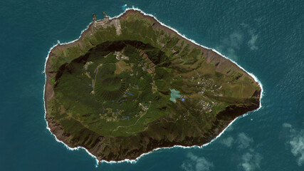 Aogashima Volcano looking down aerial view from above, bird’s eye view Aogashima Volcanic Island,...
