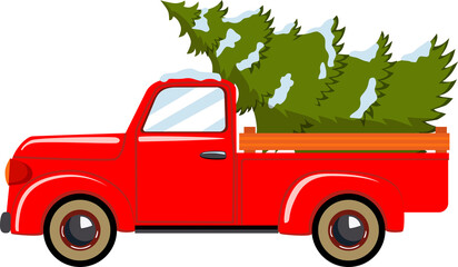 Red retro pickup with a Christmas tree.