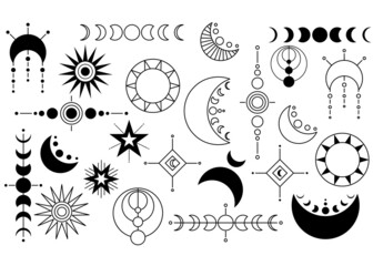 Moon themed abstract elements collection, isolated elements for icon, logo, decoration. Elements set. Stars, moon phases, witchcraft