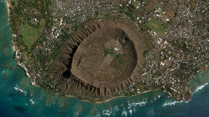 Diamond Head Volcanic Crater looking down aerial view from above, bird’s eye view Diamond Crater,...