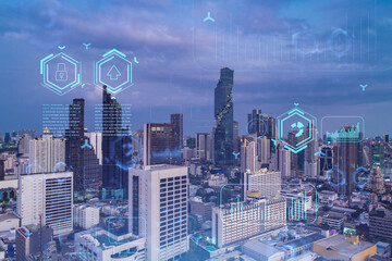 Glowing hologram of technological process, aerial panoramic cityscape of Bangkok at sunset. The largest innovative hub of tech services in Southeast Asia. Multi exposure.