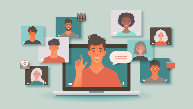 Virtual meeting of people using laptop computer getting together, freelance work, e-learning, online communication and telecommuting concept vector illustration