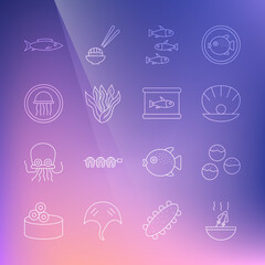 Set line Soup with octopus, Takoyaki, Shell pearl, Fishes, Seaweed, Jellyfish on plate, and Canned icon. Vector