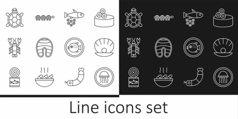 Set line Jellyfish on a plate, Shell with pearl, Fish caviar, steak, Lobster, Turtle, Puffer and Grilled icon. Vector