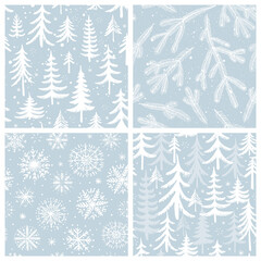 Set of winter seamless patterns. Winter forest background. Seamless background with snowflakes. Vector illustration.