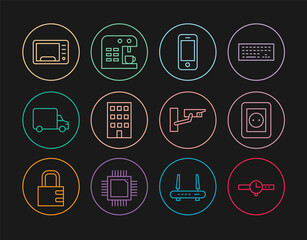 Set line Wrist watch, Electrical outlet, Smartphone, House, Delivery cargo truck, Microwave oven, Security camera and Coffee machine icon. Vector