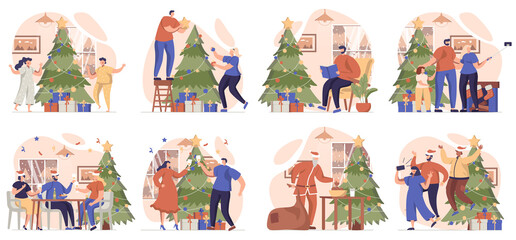 Christmas collection of scenes isolated. People make snowman, give gifts and celebrate holiday at home, set in flat design. Vector illustration for blogging, website, mobile app, promotional materials