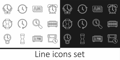 Set line Calendar and clock, Digital alarm, Clock AM, Old hourglass, Magnifying with and icon. Vector