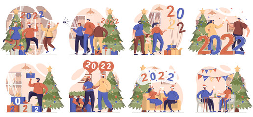 Happy New Year collection of scenes isolated. People celebrating 2022, having fun at festive party, set in flat design. Vector illustration for blogging, website, mobile app, promotional materials.