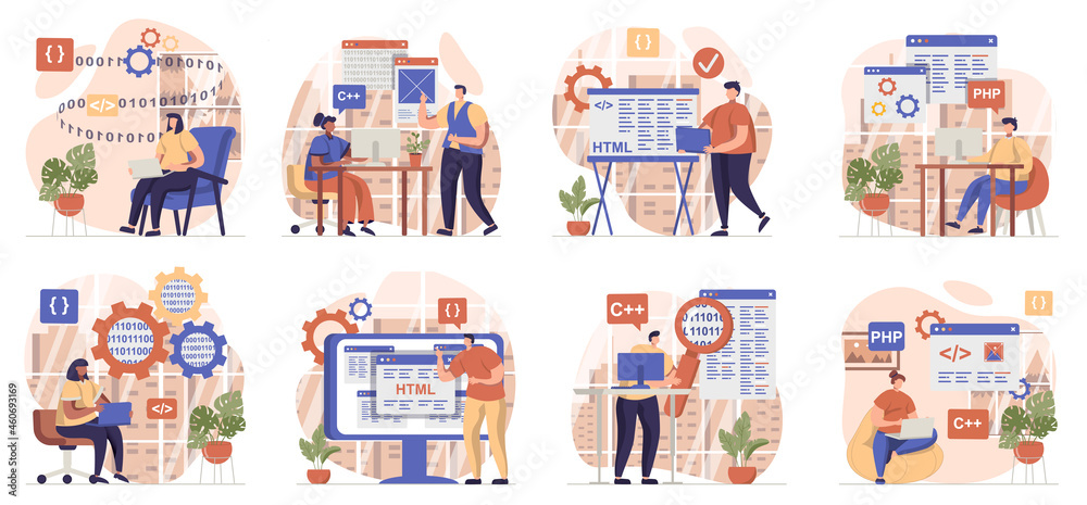 Fototapete Programmer working collection of scenes isolated. People create programs, configure and test software, set in flat design. Vector illustration for blogging, website, mobile app, promotional materials.
