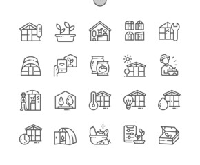 Greenhouse. Farmer and harvest. Smart greenhouse. Gardening and agricultural. Pixel Perfect Vector Thin Line Icons. Simple Minimal Pictogram