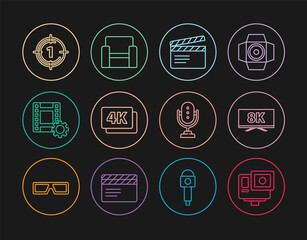 Set line Action extreme camera, Screen tv with 8k, Movie clapper, 4k Ultra HD, Play Video, Old film movie countdown frame, Microphone and Cinema chair icon. Vector