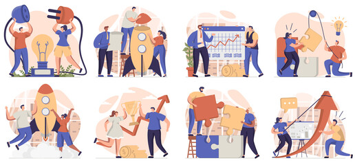 Fototapeta na wymiar Teamwork collection of scenes isolated. People generate idea, brainstorm, collaboration at business, set in flat design. Vector illustration for blogging, website, mobile app, promotional materials.