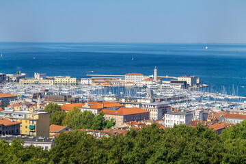 Trieste marina aerial view from above with lighthouse